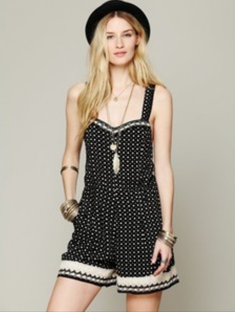 Free People Crochet Detail Polka Dot Romper Black White & Gray Size 2